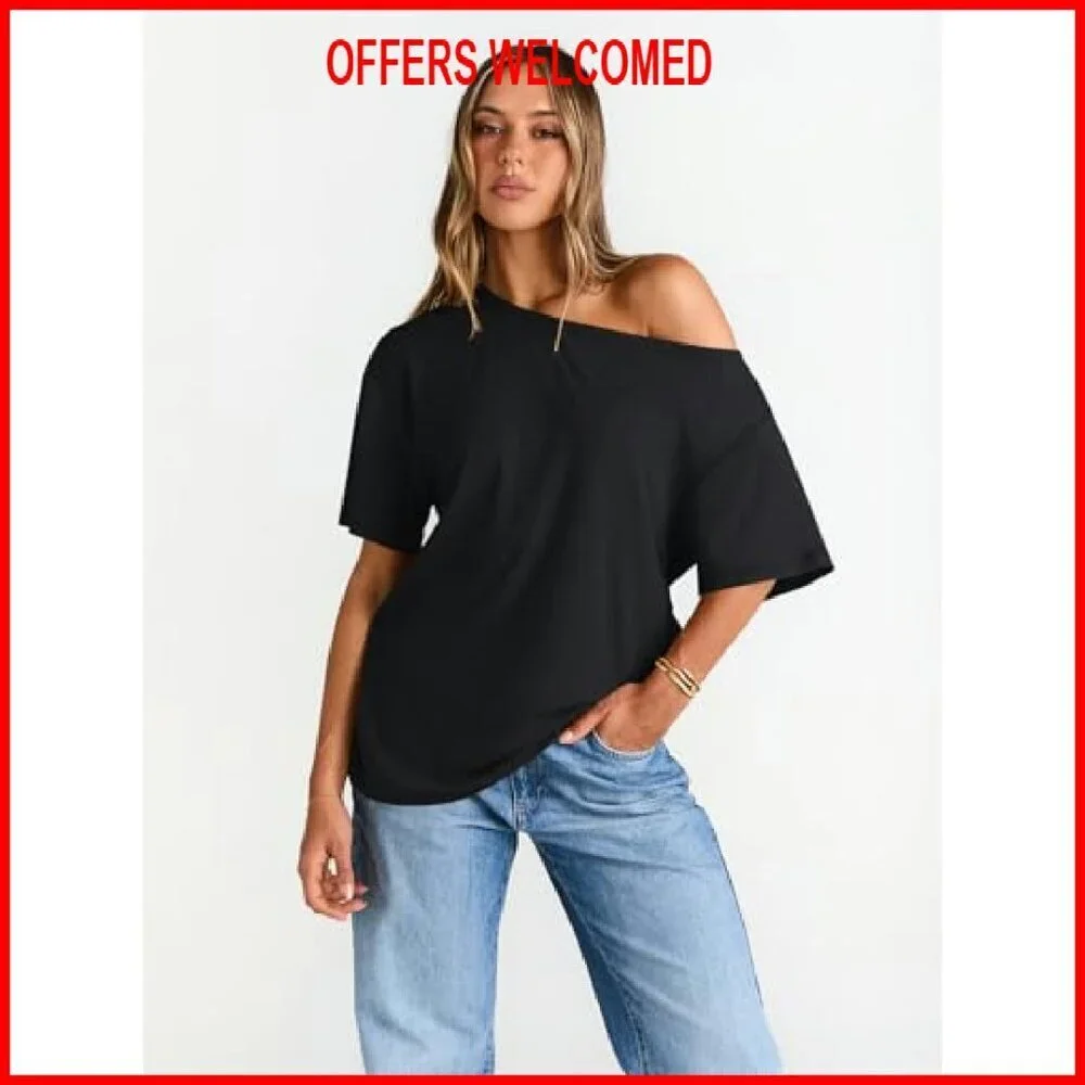 Oversized Off Shoulder Short Sleeve Tee, Soft Polyester Blend, Loose Fit - Picture 3 of 6